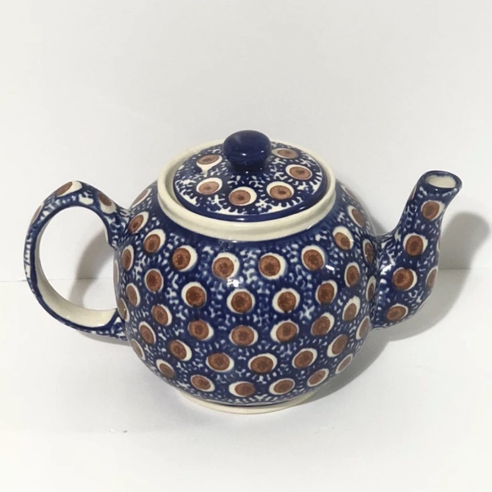 Vintage Polish Pottery Hand Crafted Stoneware Cobalt Blue Peacock Teapot